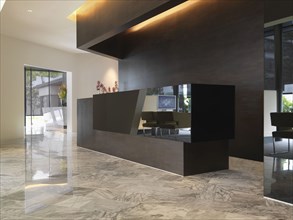 Reception desk with reflection of modern chairs