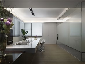 Modern kitchen with long countertop