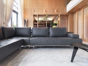 Modern living room with black leather sofa