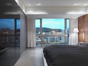 Black and white modern bedroom with platform bed