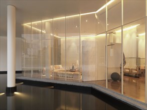 View through windows to modern living room