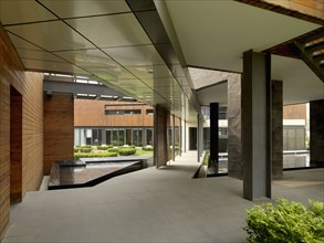 Walkway beneath modern building