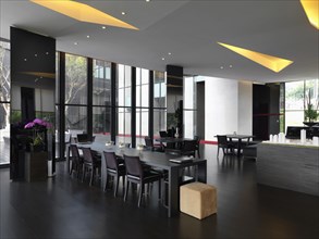 Modern dining area with hardwood floors