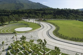 Aerial view of landscaping and pathways