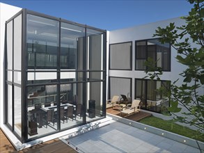 Exterior of modern glass home