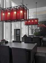 Conference tables with red overhead lights