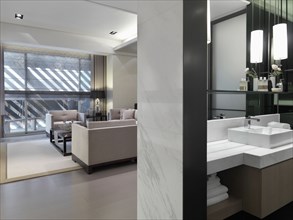 View in living and bathroom in modern home