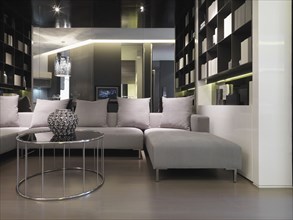 Modern sectional sofa in front of mirror