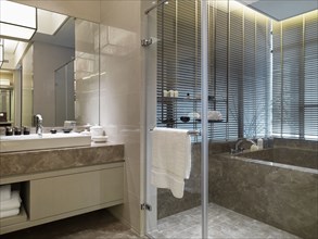 Modern bathroom with marble bathtub
