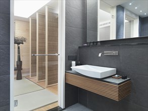 Slate tile walls in modern bathroom