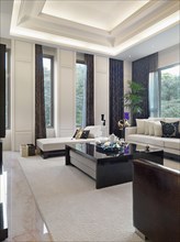 High end contemporary living room with marble floors