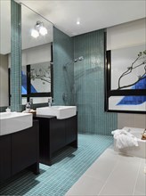 Teal mosaic tile in modern bathroom