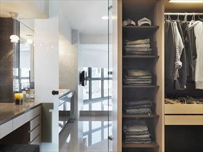 Closet and vanity in modern home