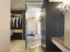 Closet and bedroom in home with hardwood floor