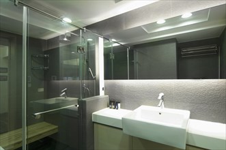 Modern bathroom with glass shower doors