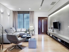 Living room with flatscreen tv in modern home