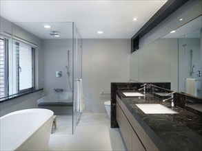 Glass shower in modern bathroom