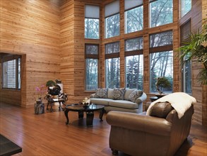 Hardwood living room in cabin style home