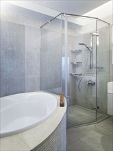 Bathtub and glass shower in modern bathroom
