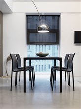 Modern black dining table with overhead light