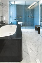 Black bathtub in modern marble bathroom