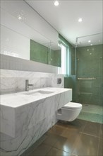 Marble sink and countertop and mosaic tile shower