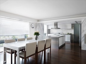 Modern Kitchen and dining room with stainless steel kitchen island