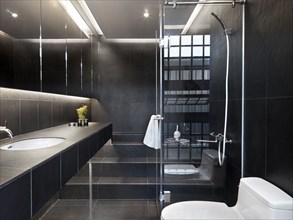 Black tile modern bathroom with glass shower