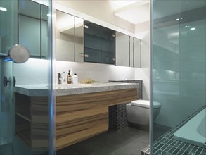 View from inside glass shower of modern bathroom