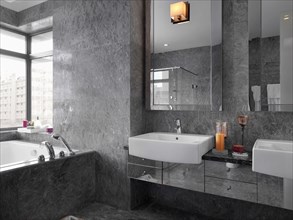 Detail modern gray marble bathroom