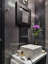 Mosaic tile wall in bathroom