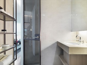 Sink and glass door in modern bathroom