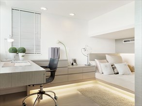 Desk and bed in modern bedroom