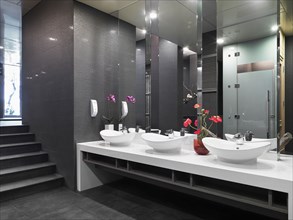 Row of bowl sinks in modern bathroom