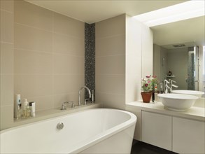 Light colored modern bathroom with large bathtub