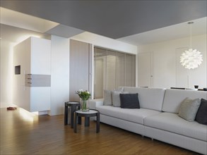 Gray sofa in living room with hardwood floors