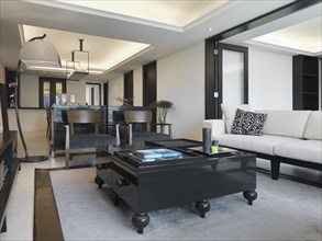 Large bulky coffee table in modern living room