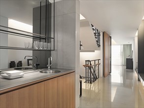 Hallway from kitchen through modern home