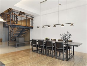 Dining room table and staircase in modern home