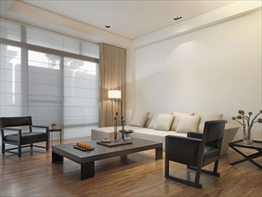 Living room with hardwood floor in modern home