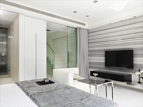 Sitting area and television in modern bedroom