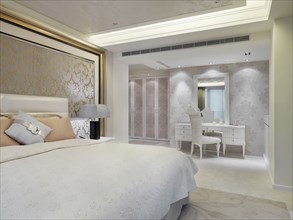Elegant bedroom with printed wall paper