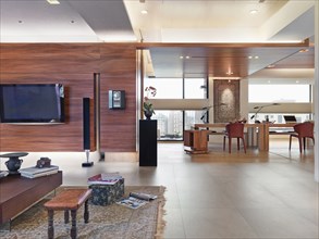Interior of modern home with hardwood walls