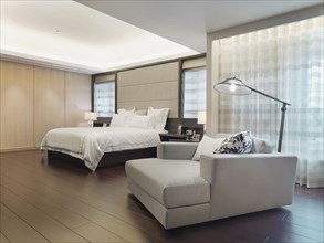 Hardwood floor in modern bedroom