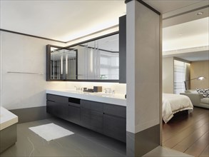 Master bathroom and bedroom in modern home