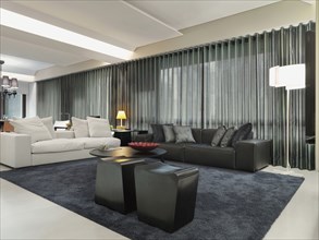 Living room with black sofa and a white sofa