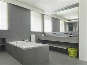 Minimalistic gray bathroom with large mirror