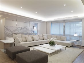 Modern living room with white sectional sofa