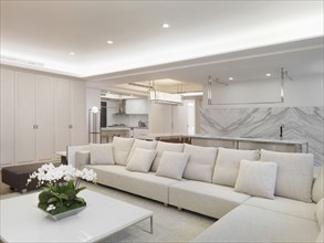 Modern living room with white sectional sofa