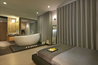Master bedroom and bathroom in modern home